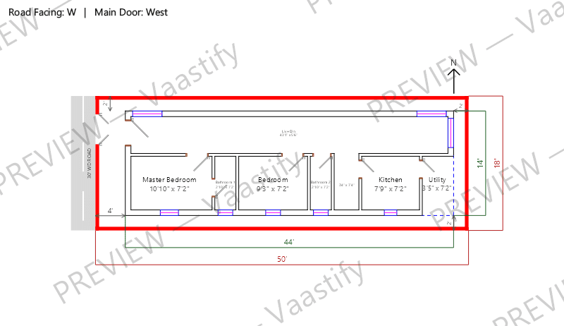 18 by 50 west-facing 2 BHK Vastu floor plan