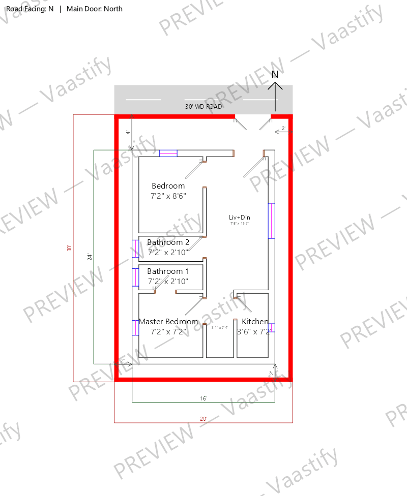 20 by 30 north-facing 2 BHK Vastu floor plan