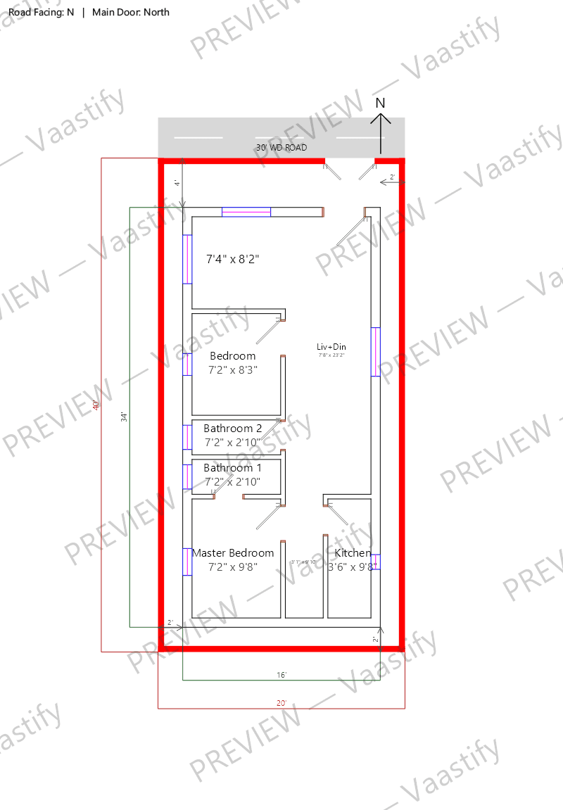20 by 40 north-facing 2 BHK Vastu floor plan