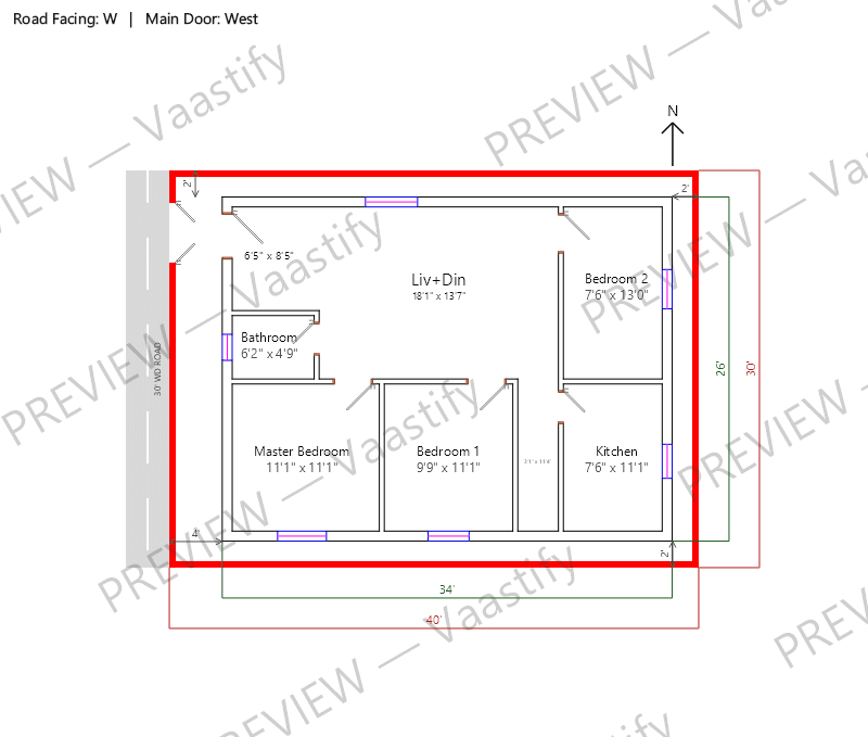 30 by 40 west-facing 3 BHK Vastu floor plan