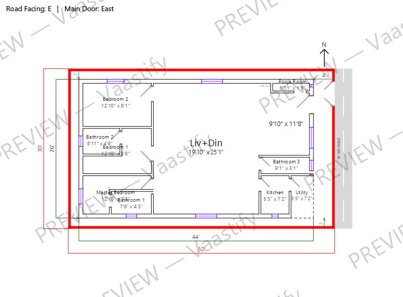 30 by 50 east-facing 3 BHK Vastu floor plan