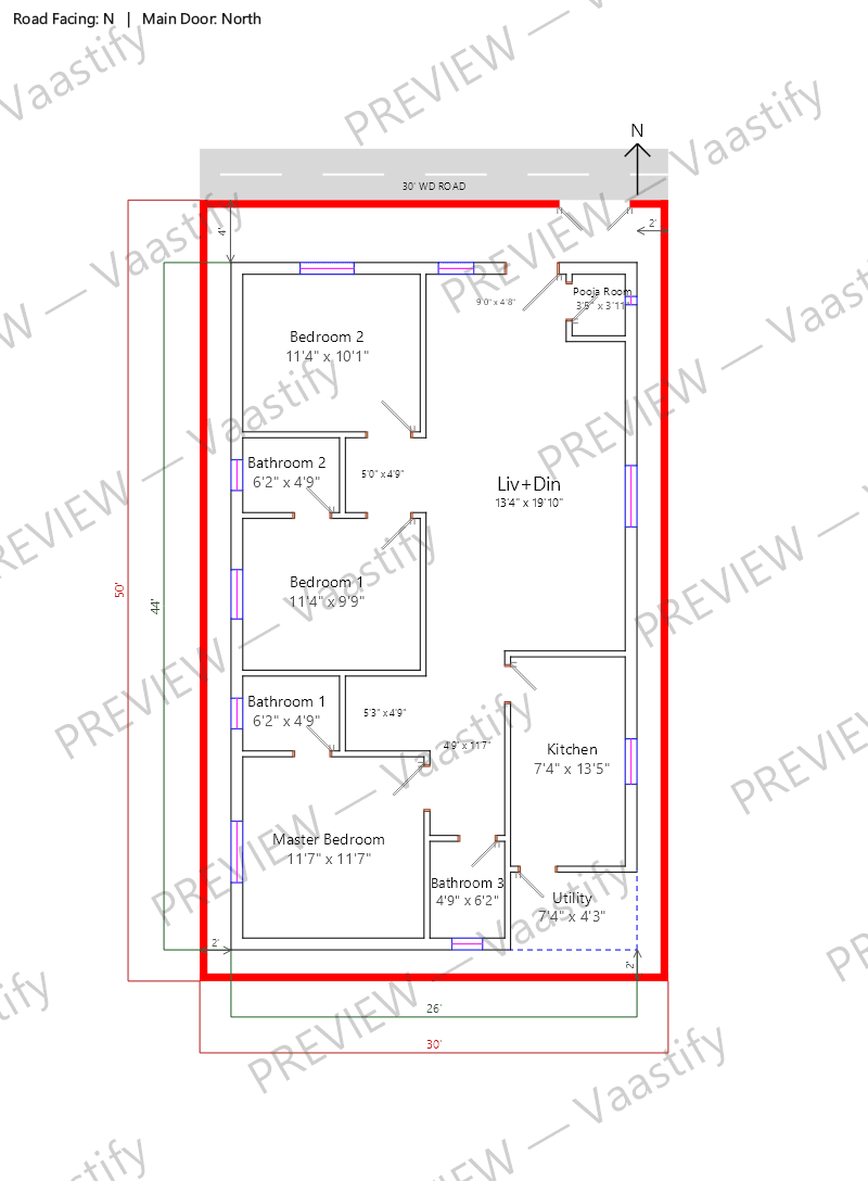 30 by 50 north-facing 3 BHK Vastu floor plan