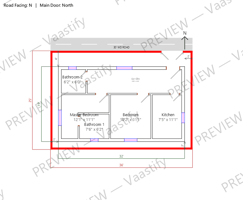 36 by 25 north-facing 2 BHK Vastu floor plan