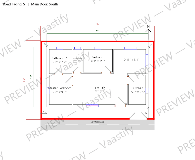 36 by 25 south-facing 2 BHK Vastu floor plan
