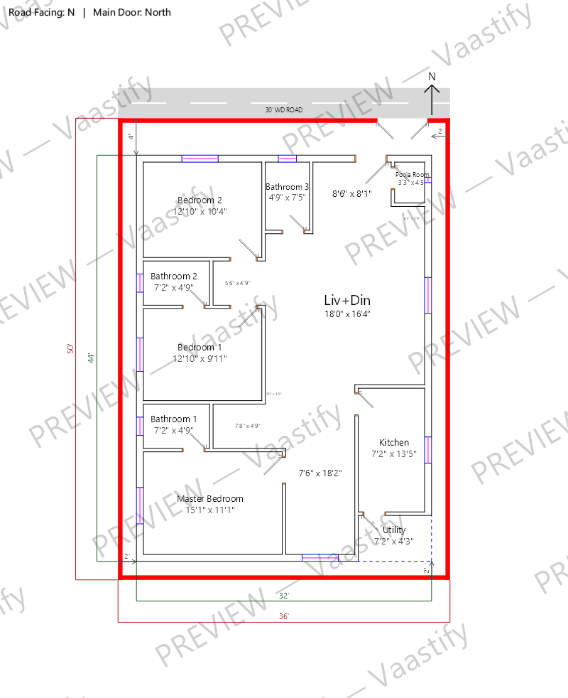 36 by 50 north-facing 3 BHK Vastu floor plan