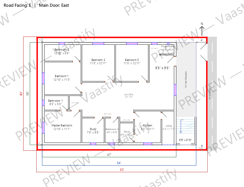 40 by 60 east-facing 4 BHK Vastu floor plan