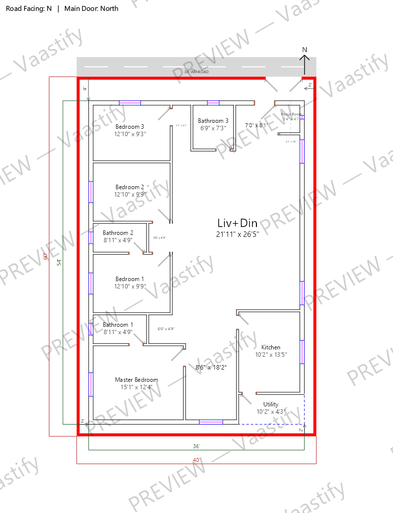 40 by 60 north-facing 4 BHK Vastu floor plan