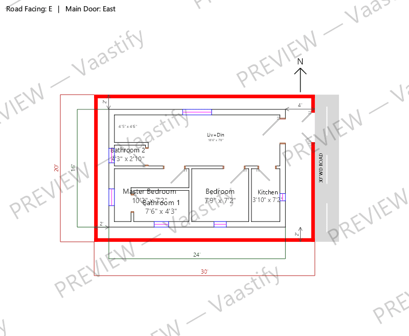 20 by 30 east-facing 2 BHK Vastu floor plan