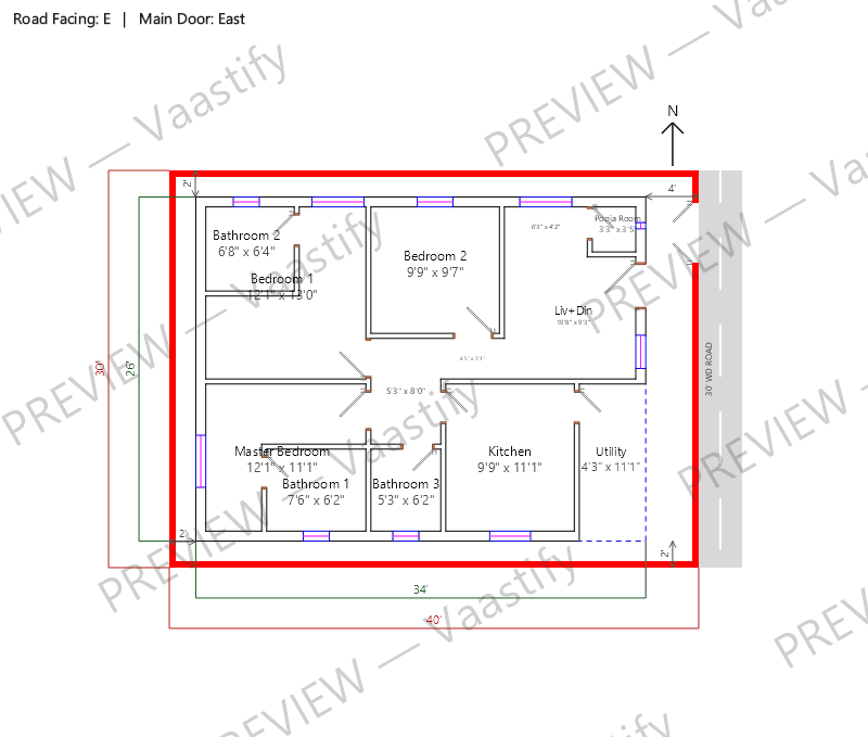 30 by 40 corner plot east-facing 3 BHK Vastu floor plan