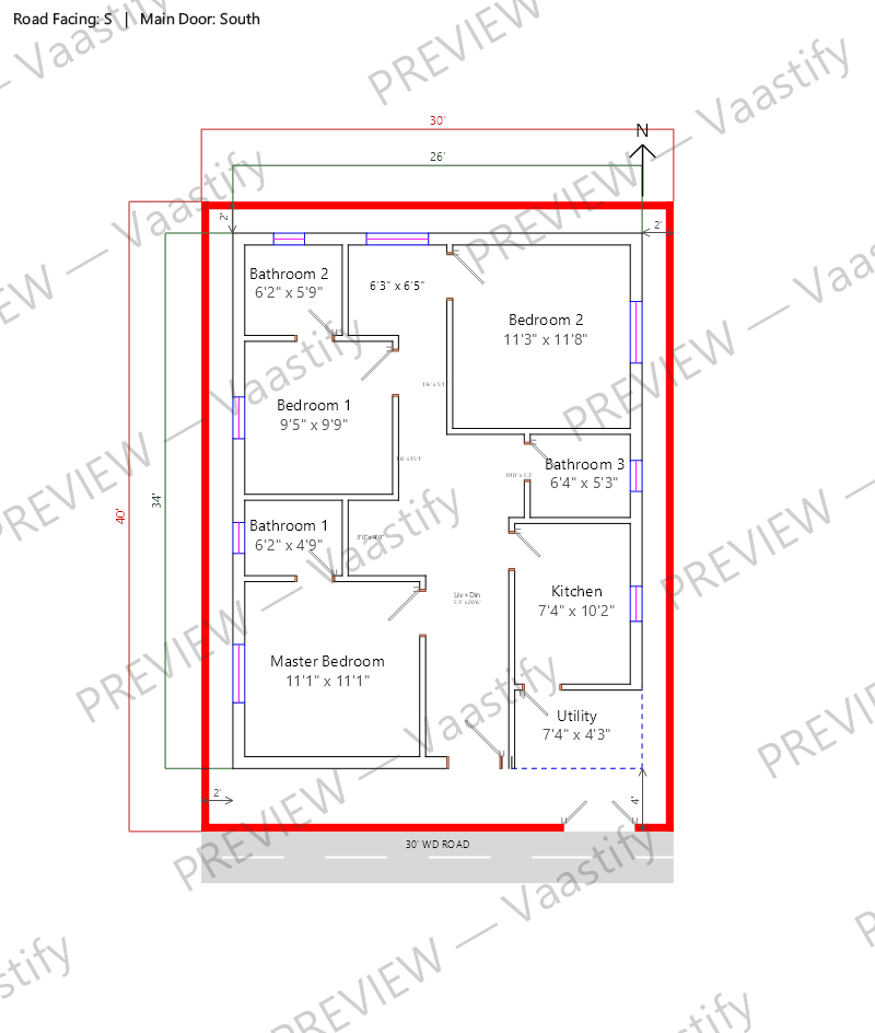 30 by 40 south-facing 3 BHK Vastu floor plan