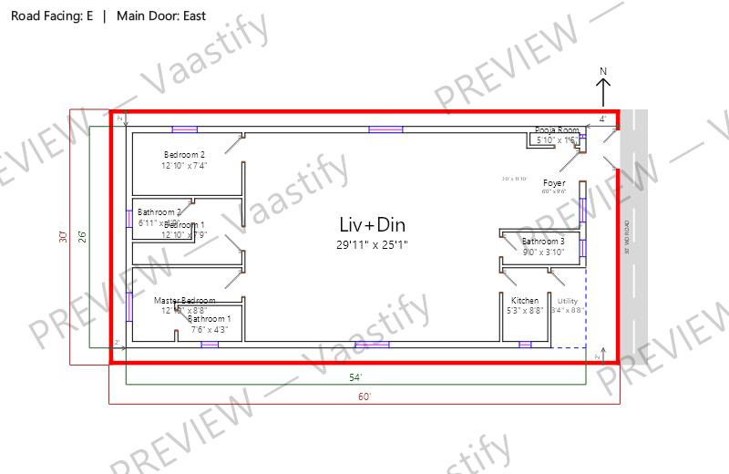 30 by 60 east-facing 3 BHK Vastu floor plan
