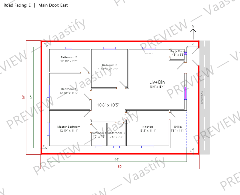 36 by 50 east-facing 3 BHK Vastu floor plan