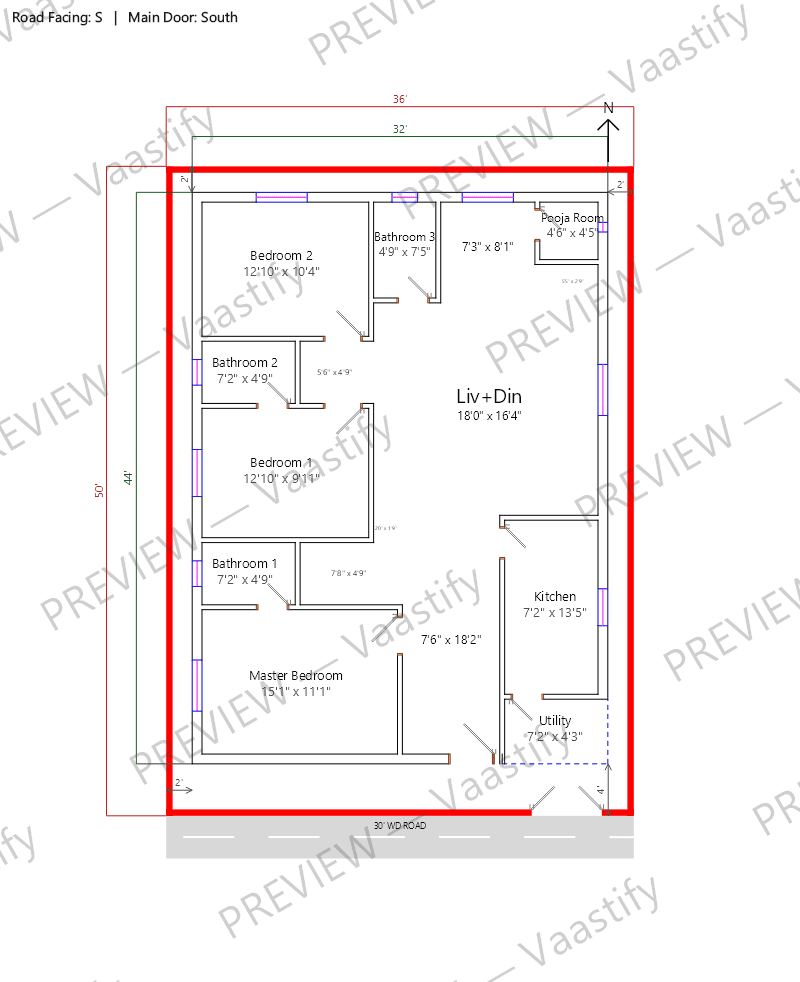 36 by 50 south-facing 3 BHK Vastu floor plan
